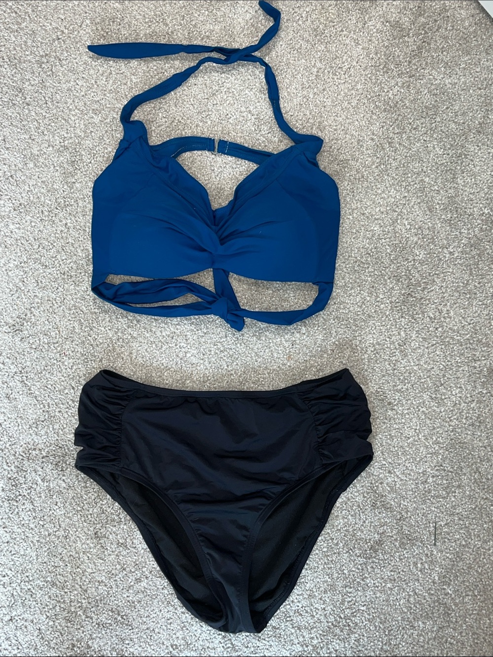 Never Worn Blue Halter Twist Front Bikini Top with Black High-Waist Bottoms